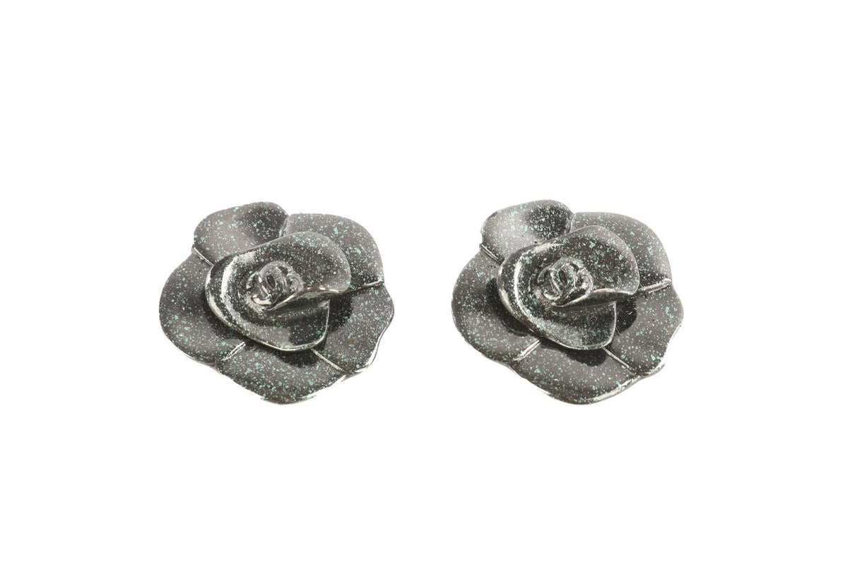 CHANEL GREEN 2001 CAMELIA CLIP EARRINGS
