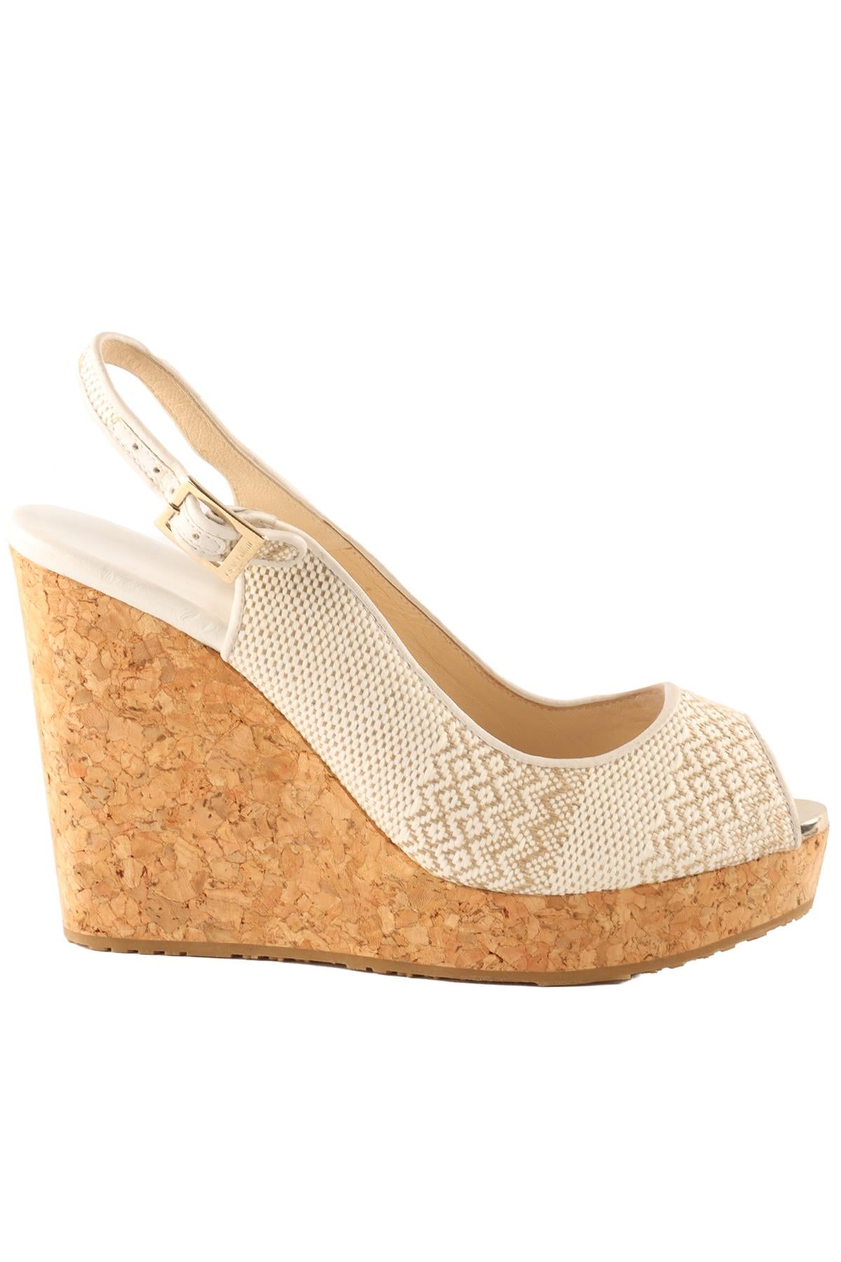 JIMMY CHOO WHITE FABRIC WEDGE SANDALS EU 39.5 UK 6.5 US 9.5