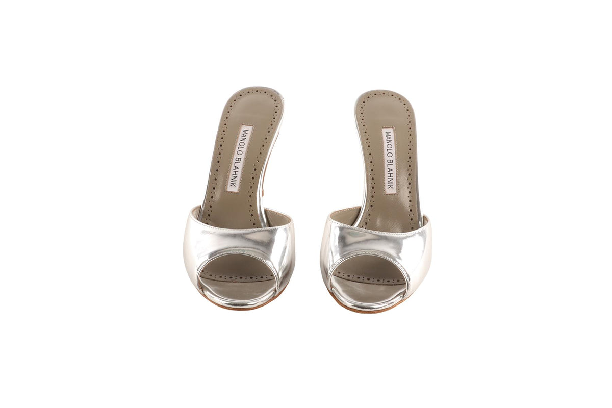 MANOLO BLAHNIK SILVER PATENT SANDALS EU 38 UK 5