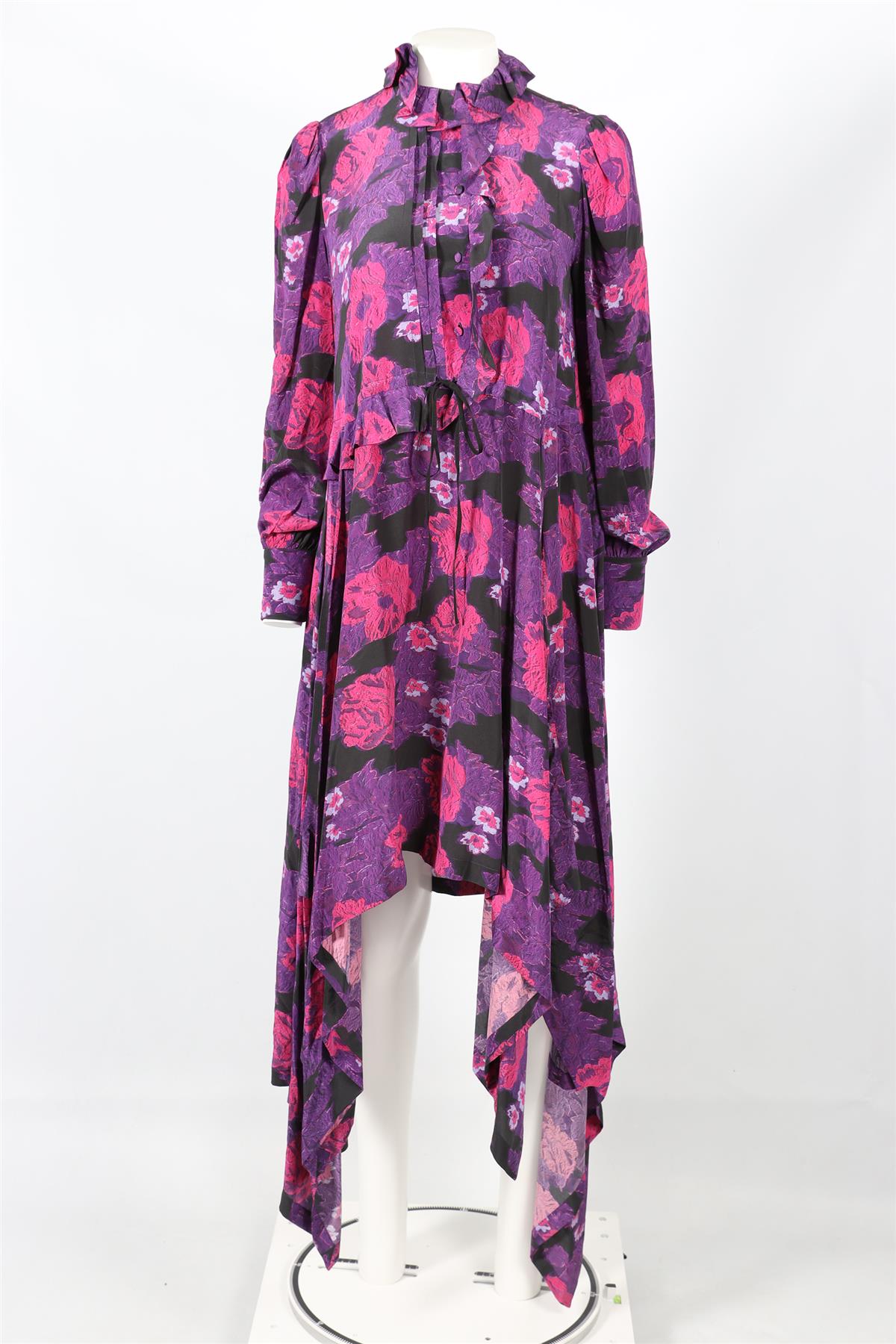 PREEN BY THORNTON BREGAZZI PURPLE, PINK AND BLACK FLORAL PRINT SILK MAXI DRESS MEDIUM