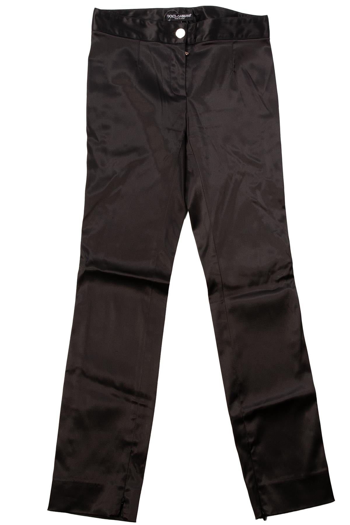 DOLCE & GABBANA BLACK VINTAGE SATIN STRAIGHT LEG PANTS XSMALL