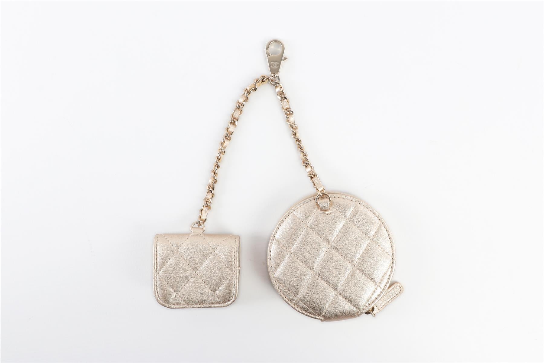 CHANEL GOLD 2014 QUILTED LEATHER AIRPOD CASE AND COIN PURSE