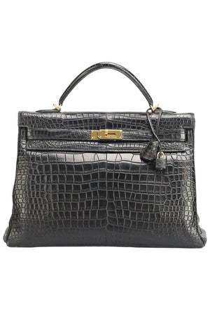 Hermes Kelly Retourne 28 Noir Black Matte Alligator Bag Handbag