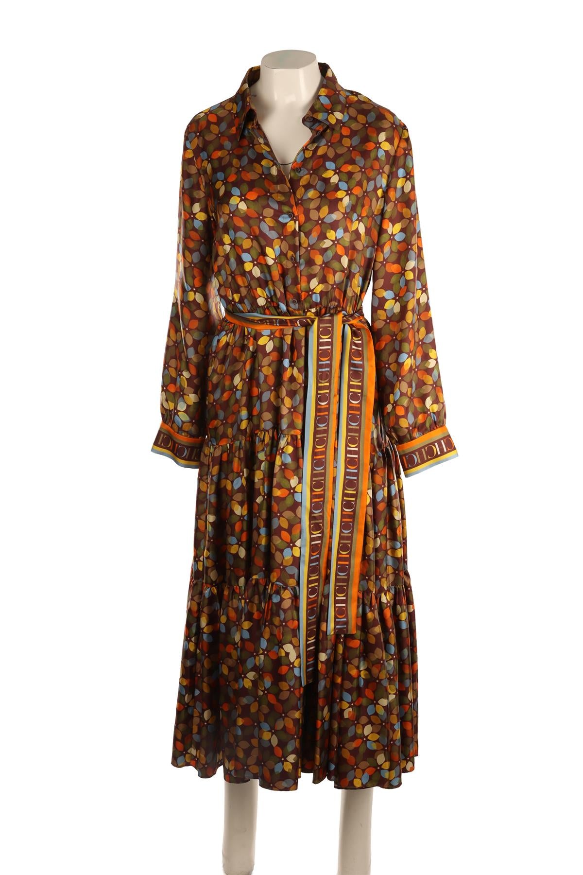CAROLINA HERRERA MULTI SILK MAXI DRESS LARGE