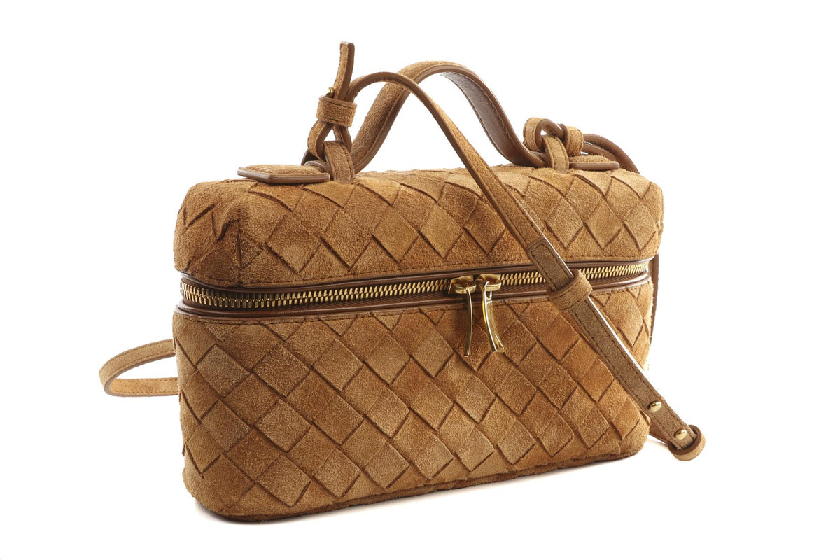 BOTTEGA VENETA TAN BANG BANG VANITY MINI INTRECCIATO SUEDE TOTE BAG