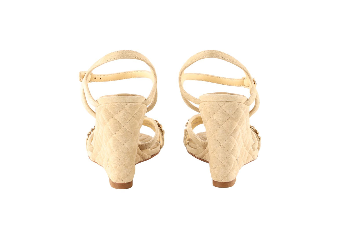 CHANEL BEIGE 2021 SUEDE WEDGE SANDALS EU 39 UK 6 US 9