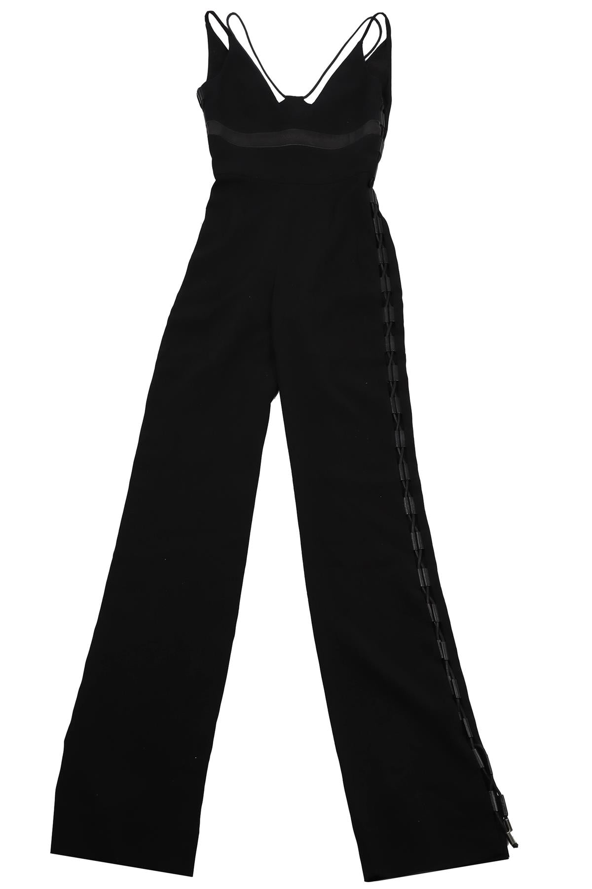 DAVID KOMA BLACK CREPE AND LEATHER JUMPSUIT UK 8