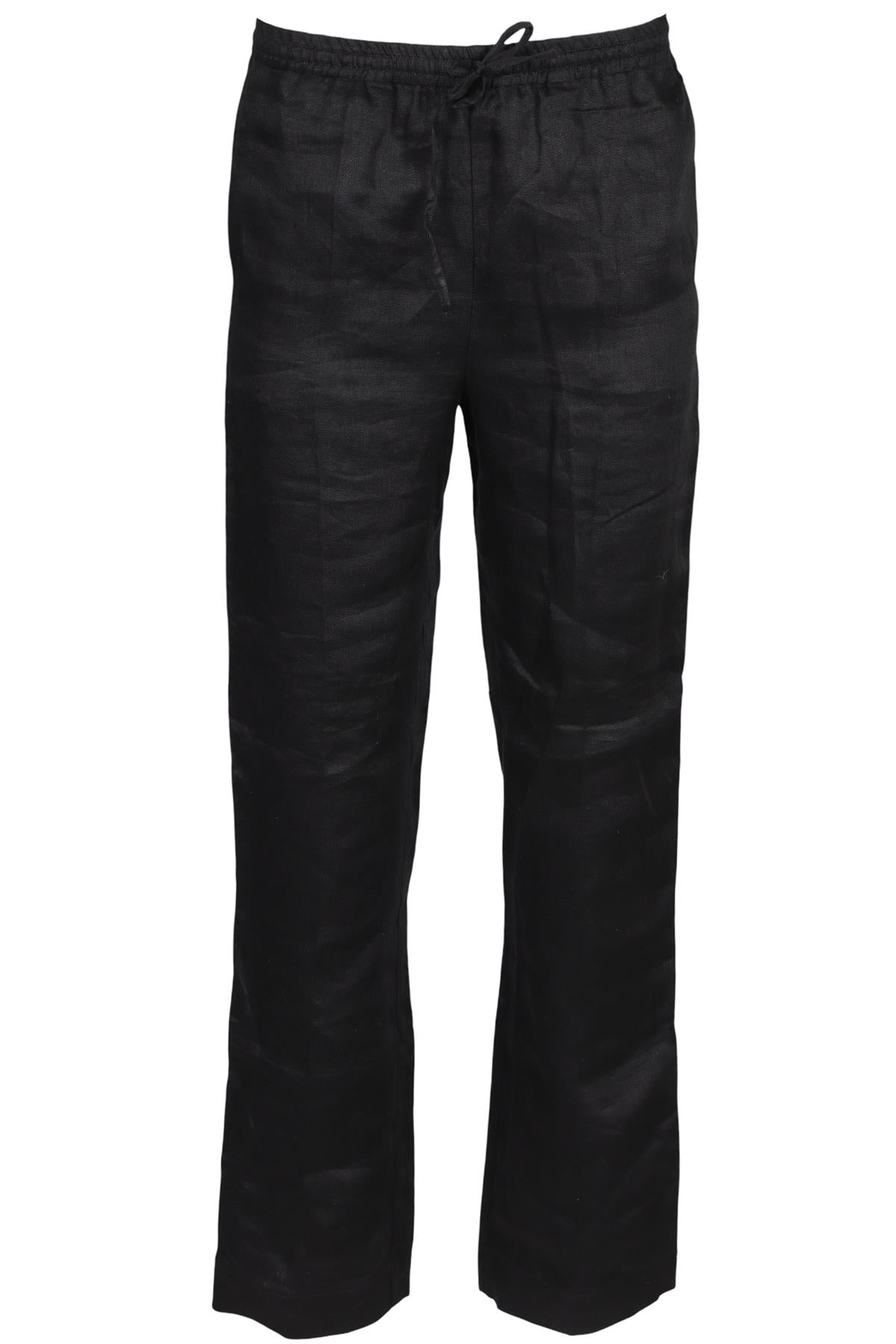 ASCENO BLACK LINEN STRAIGHT LEG PANTS XSMALL