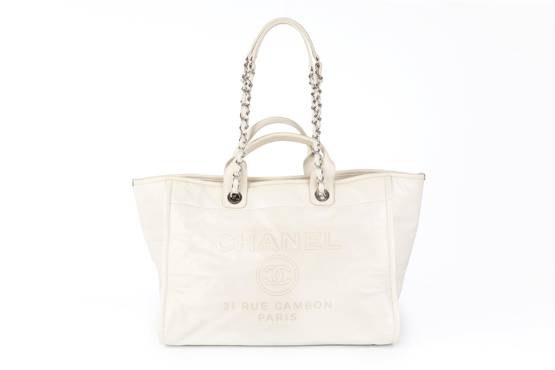 CHANEL ECRU 2016-2017 DEAUVILLE MEDIUM LEATHER TOTE BAG