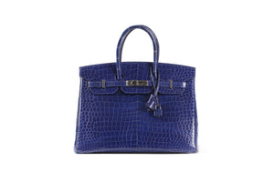 HERMÈS BLUE 2012 BIRKIN 35CM POROSUS CROCODILE LEATHER BAG IN ROYAL BLUE