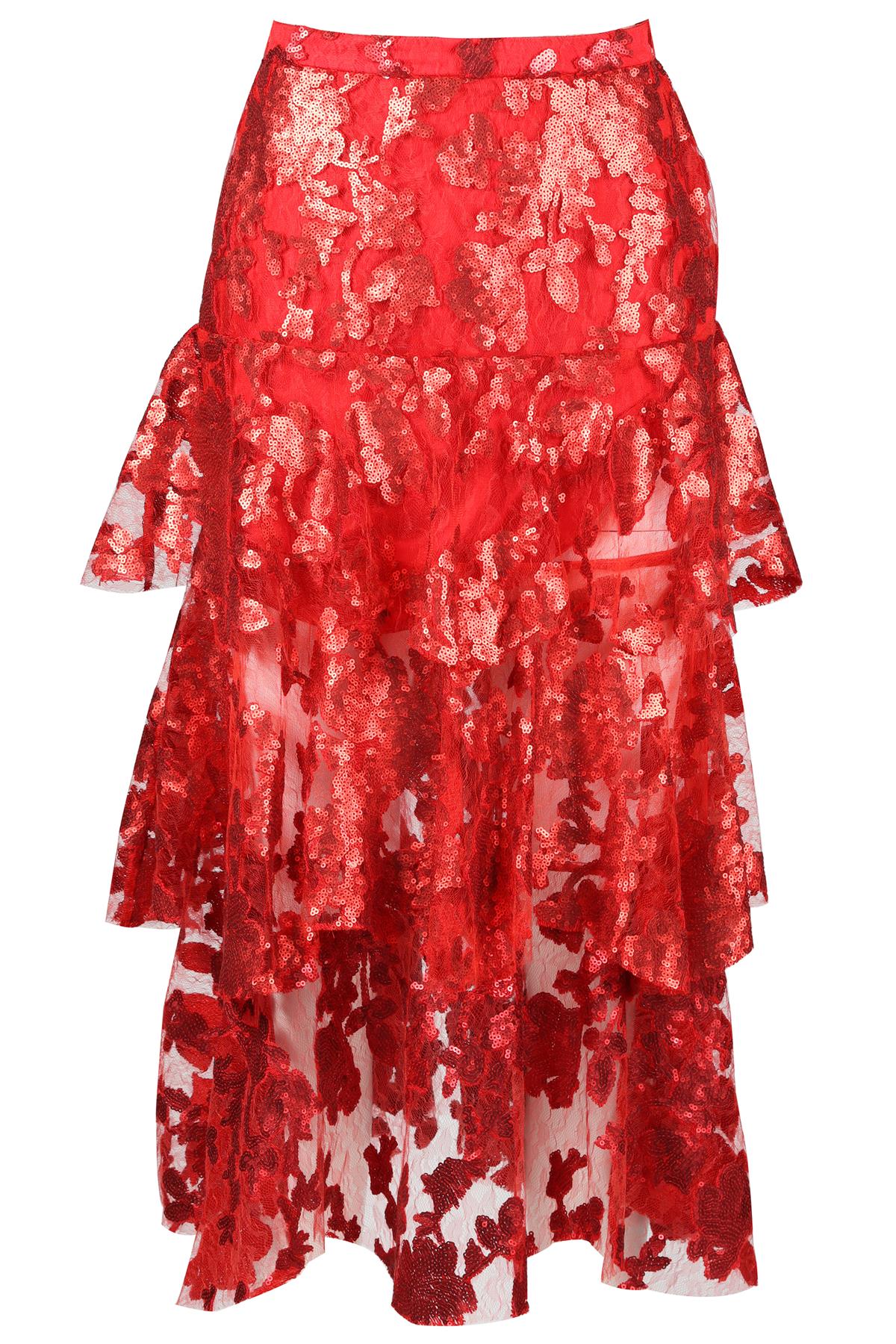 RODARTE RED SEQUIN AND LACE MIDI SKIRT US 6 UK 10