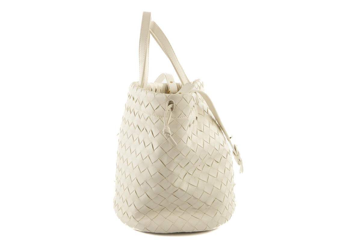 BOTTEGA VENETA WHITE CASTELLO INTRECCIATO LEATHER BUCKET BAG