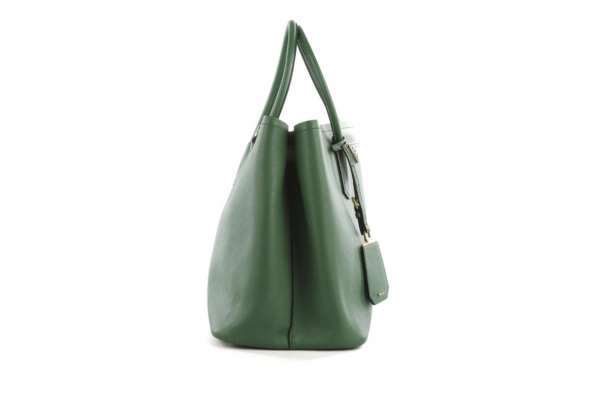 PRADA GREEN DOUBLE MEDIUM SAFFIANO LEATHER TOTE BAG