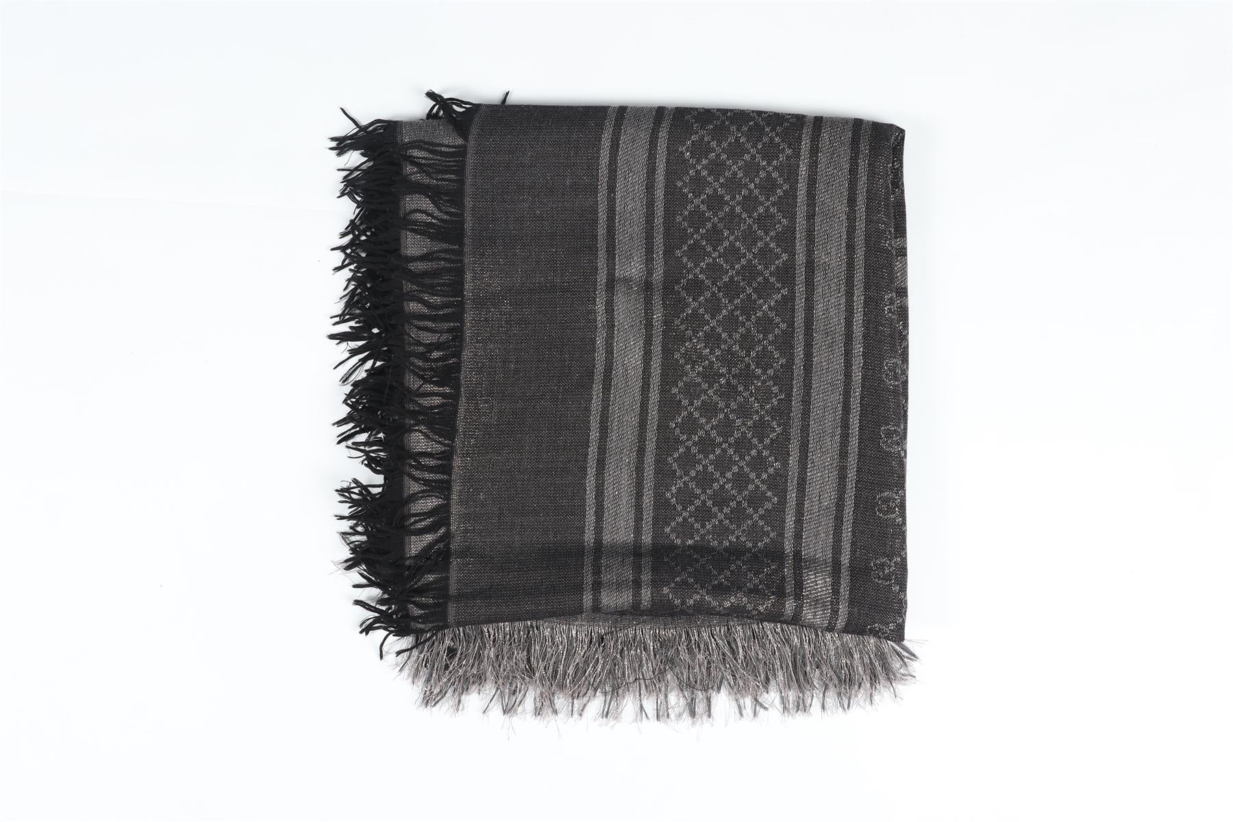 GUCCI SILVER, GREY AND BLACK FRINGED GG WOOL AND SILK BLEND SCARF