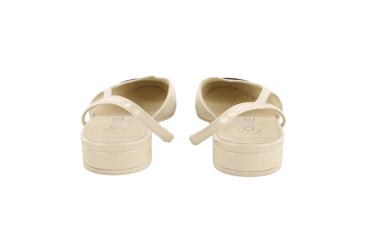 CHANEL IVORY PATENT LEATHER SLINGBACK BALLET FLATS EU 38 UK 5 US 8