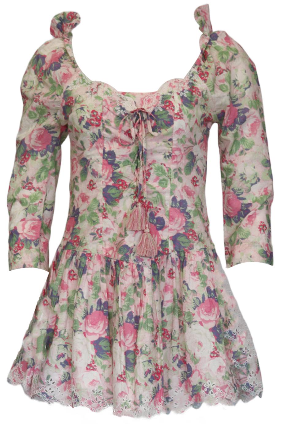 LOVESHACKFANCY FLORAL PRINT COTTON MINI DRESS US 4 UK 8