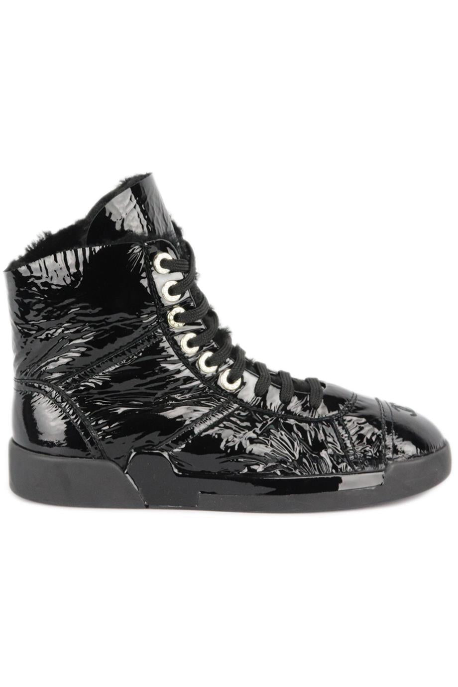 CHANEL 2019 SHEARLING LINED PATENT LEATHER SNEAKERS EU 38 UK 5 US 8