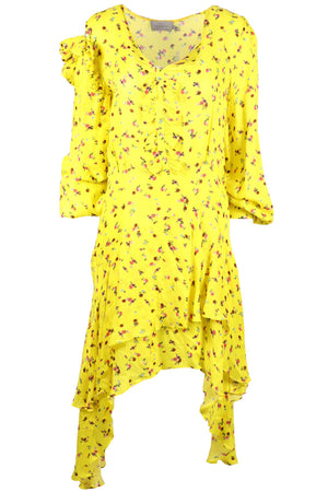 PREEN BY THORNTON BREGAZZI YELLOW FLORAL PRINT SATIN MIDI DRESS MEDIUM