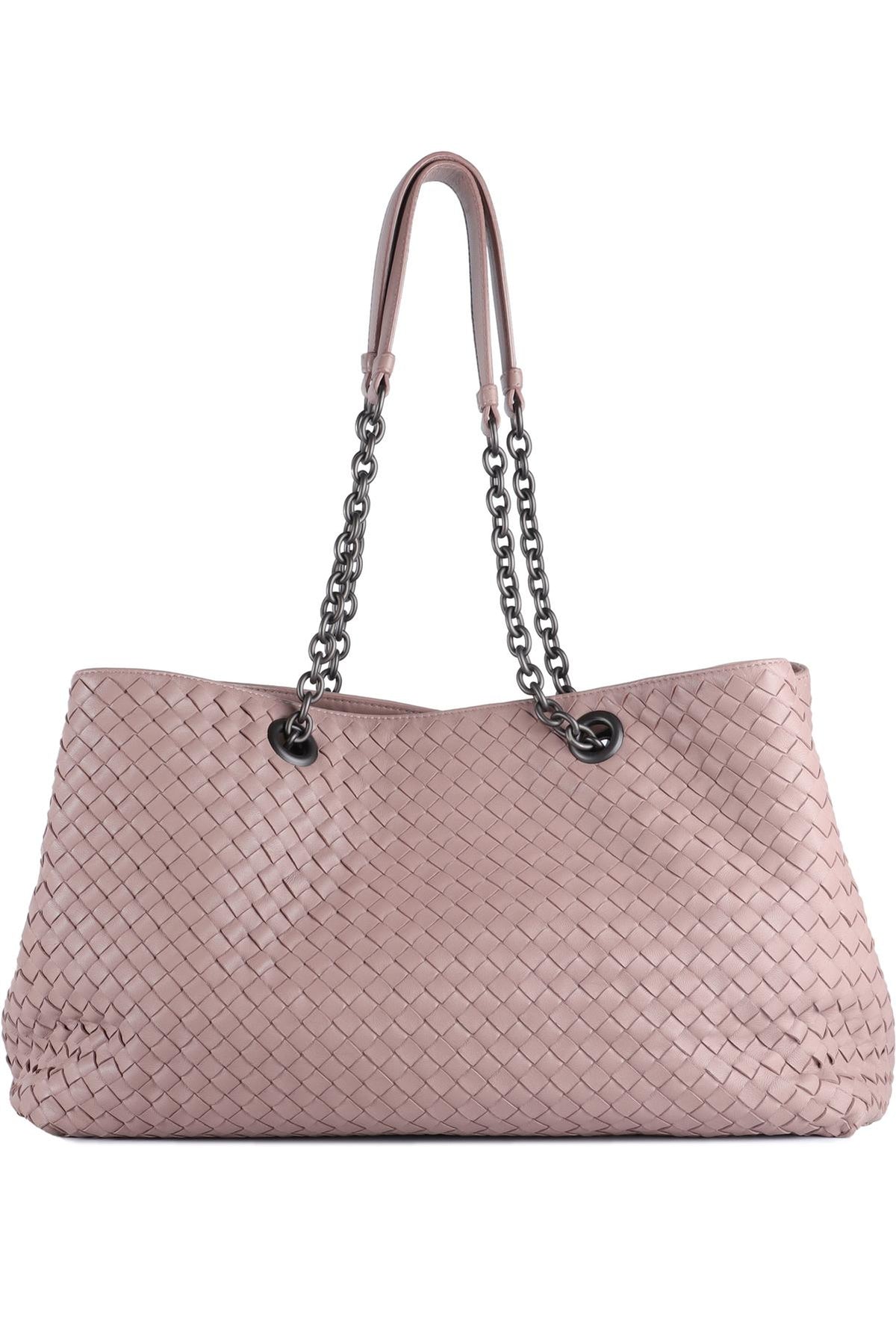 BOTTEGA VENETA PINK DOUBLE CHAIN MEDIUM INTRECCIATO LEATHER TOTE BAG