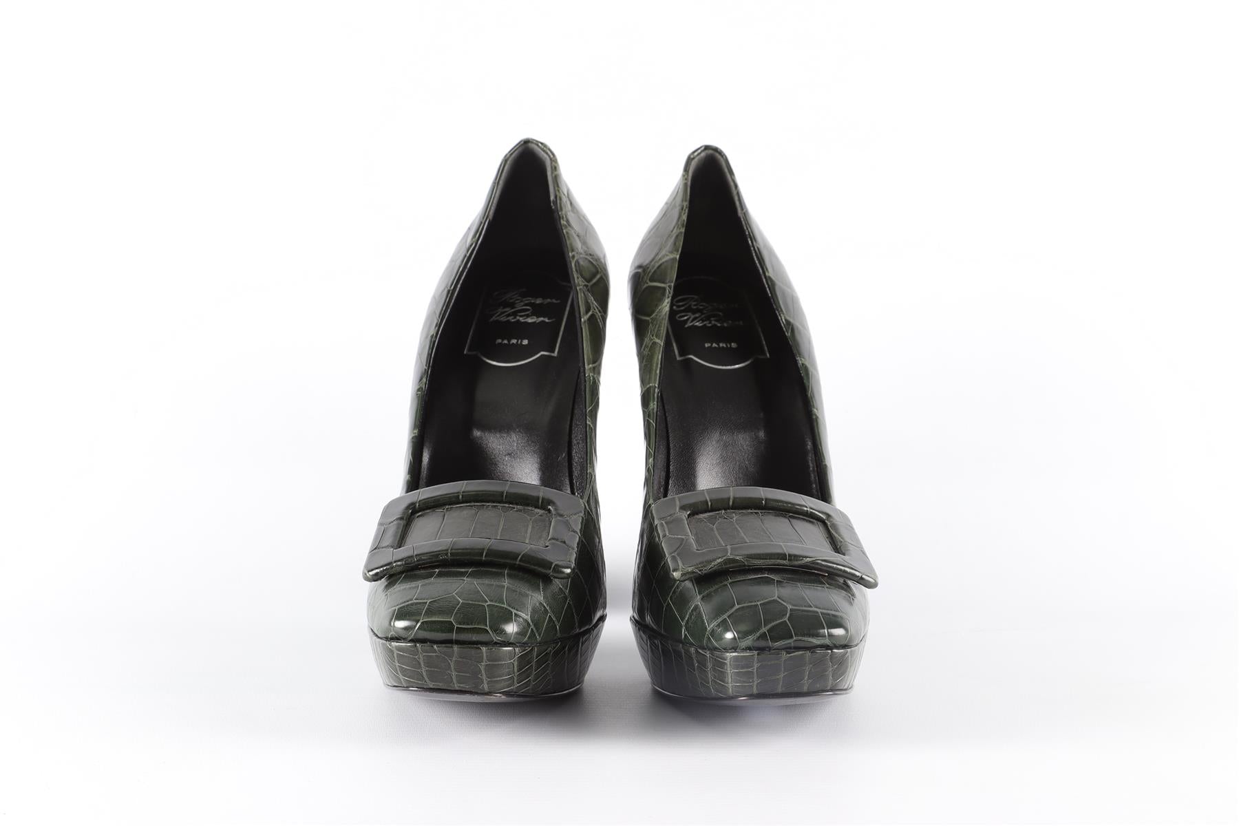 ROGER VIVIER GREEN LEATHER PLATFORM PUMPS EU 38.5 UK 5.5 US 8.5