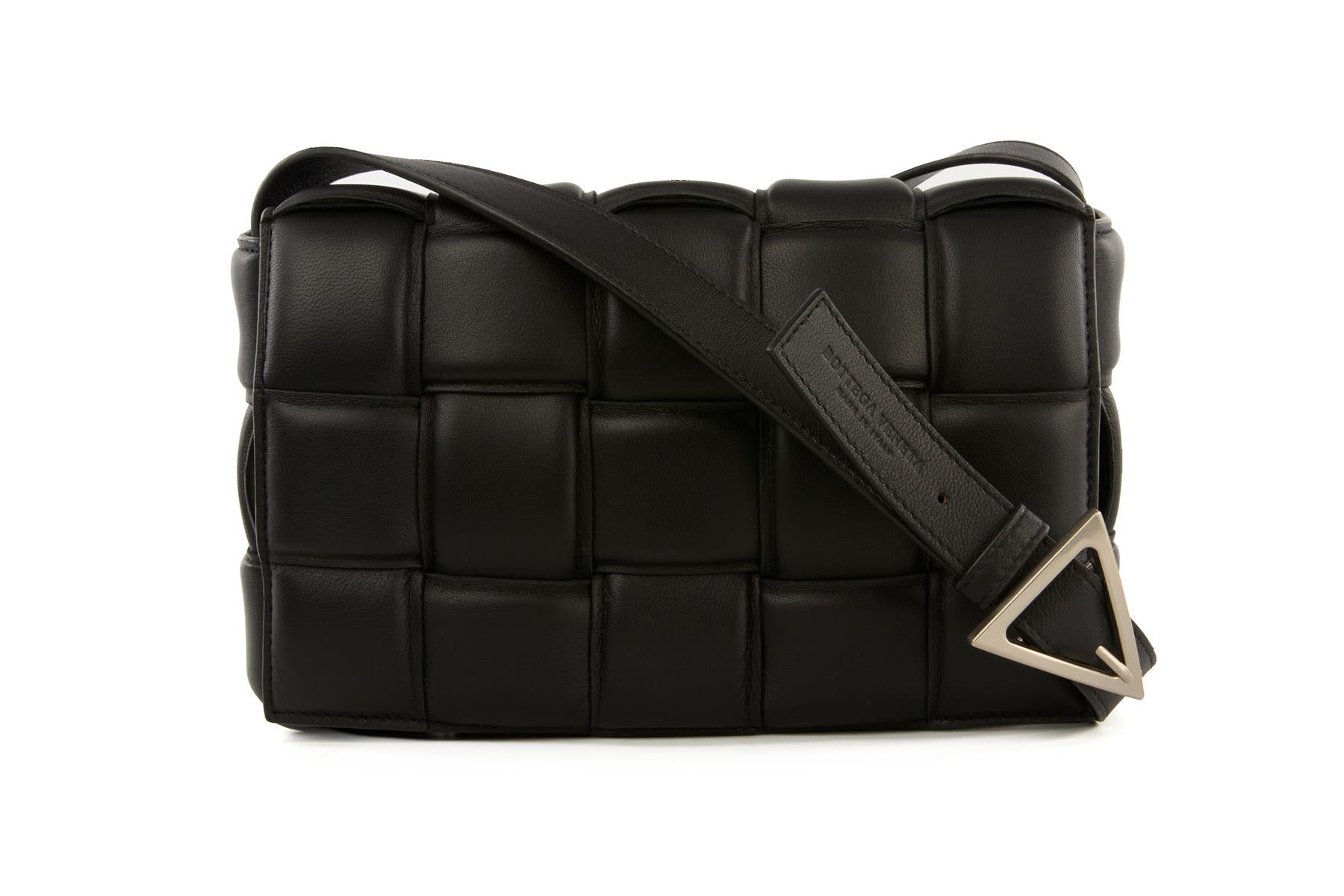 BOTTEGA VENETA BLACK CASSETTE MEDIUM PADDED INTRECCIATO LEATHER SHOULDER BAG