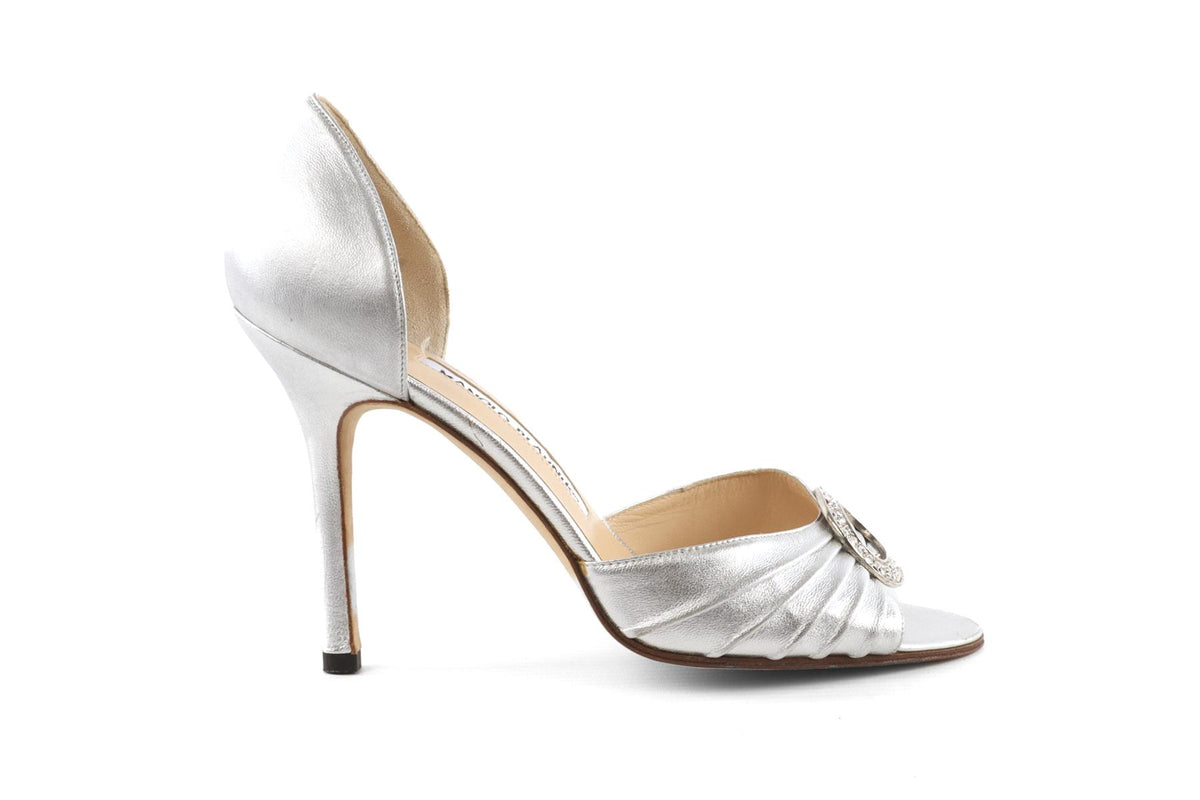 MANOLO BLAHNIK SILVER LEATHER SANDALS EU 37 UK 4 US 7
