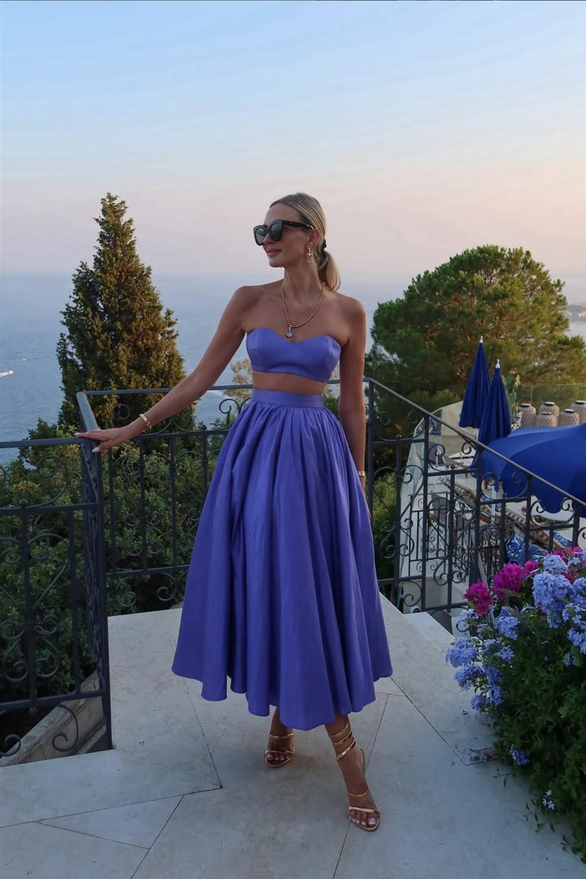 NEW ARRIVALS BLUE WOVEN TOP AND SKIRT FR 36 UK 8