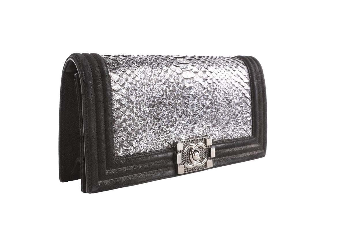 CHANEL BLACK 2014 BOY FLAP PYTHON AND NUBUCK CLUTCH