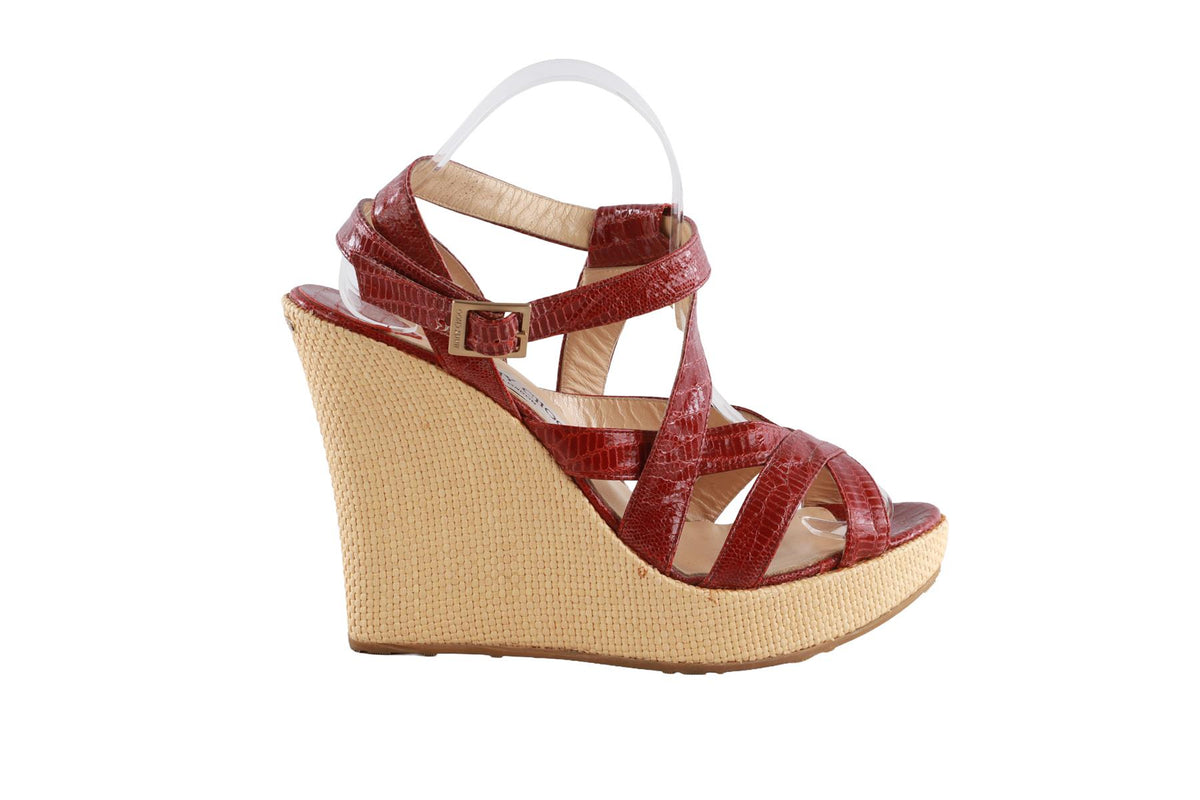 JIMMY CHOO RED LEATHER WEDGE SANDALS EU 40.5 UK 7.5 US 10.5