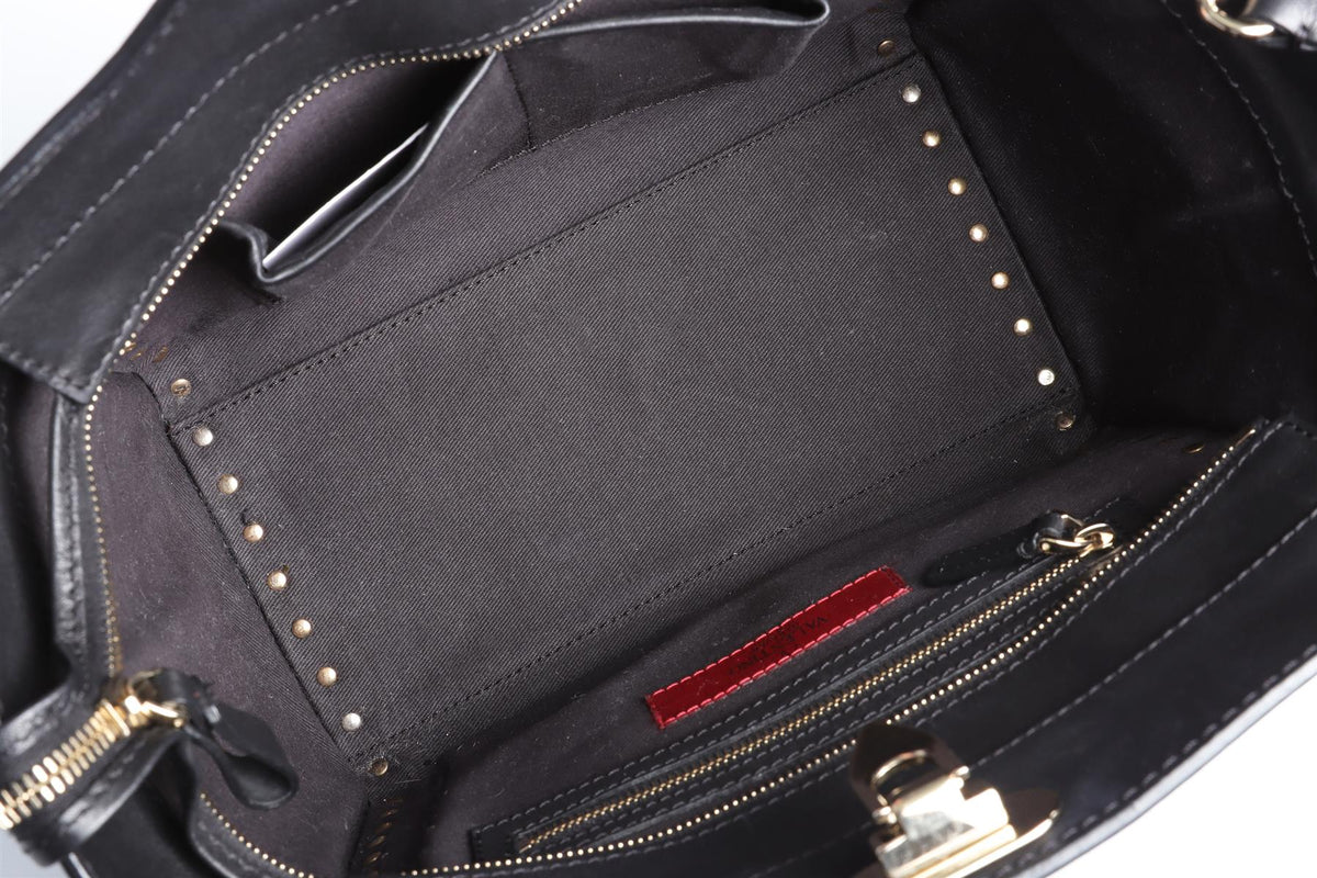 VALENTINO GARAVANI BLACK ROCKSTUD SMALL LEATHER TOTE BAG