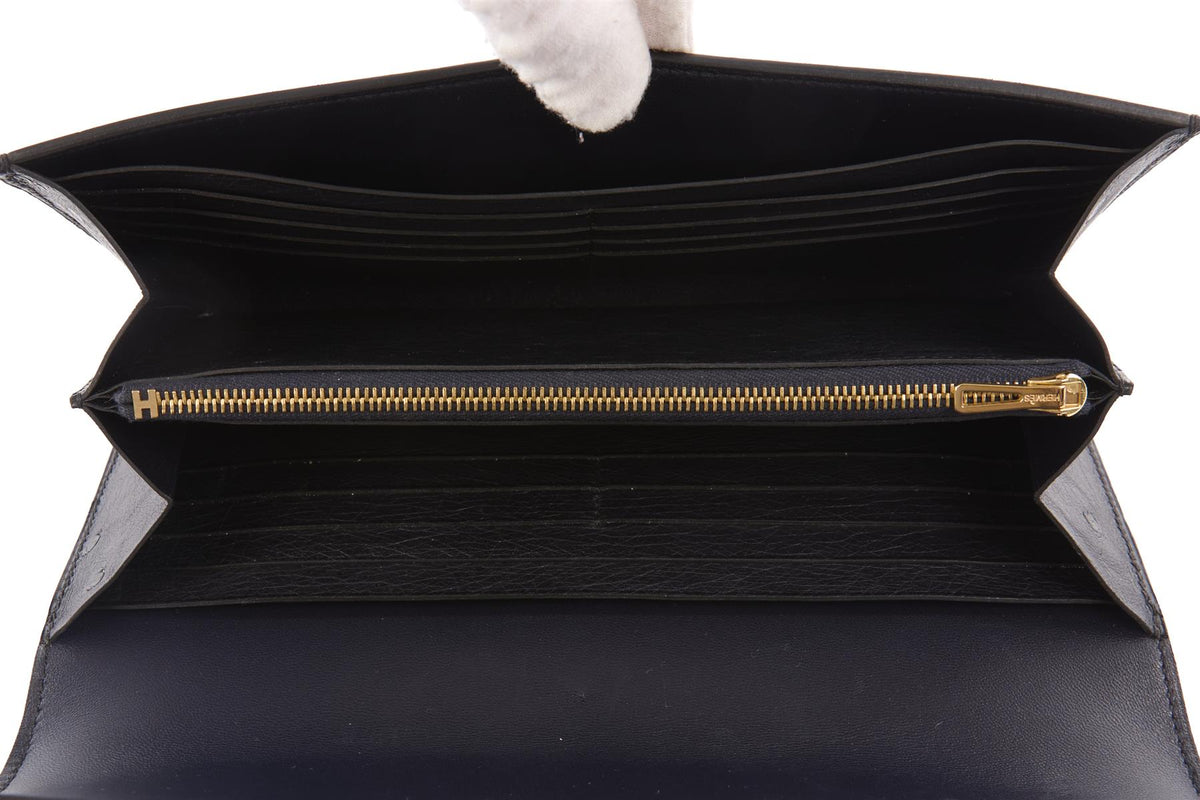 HERMÈS NAVY 2018 CONSTANCE LONG OSTRICH WALLET IN BLEU INDIGO