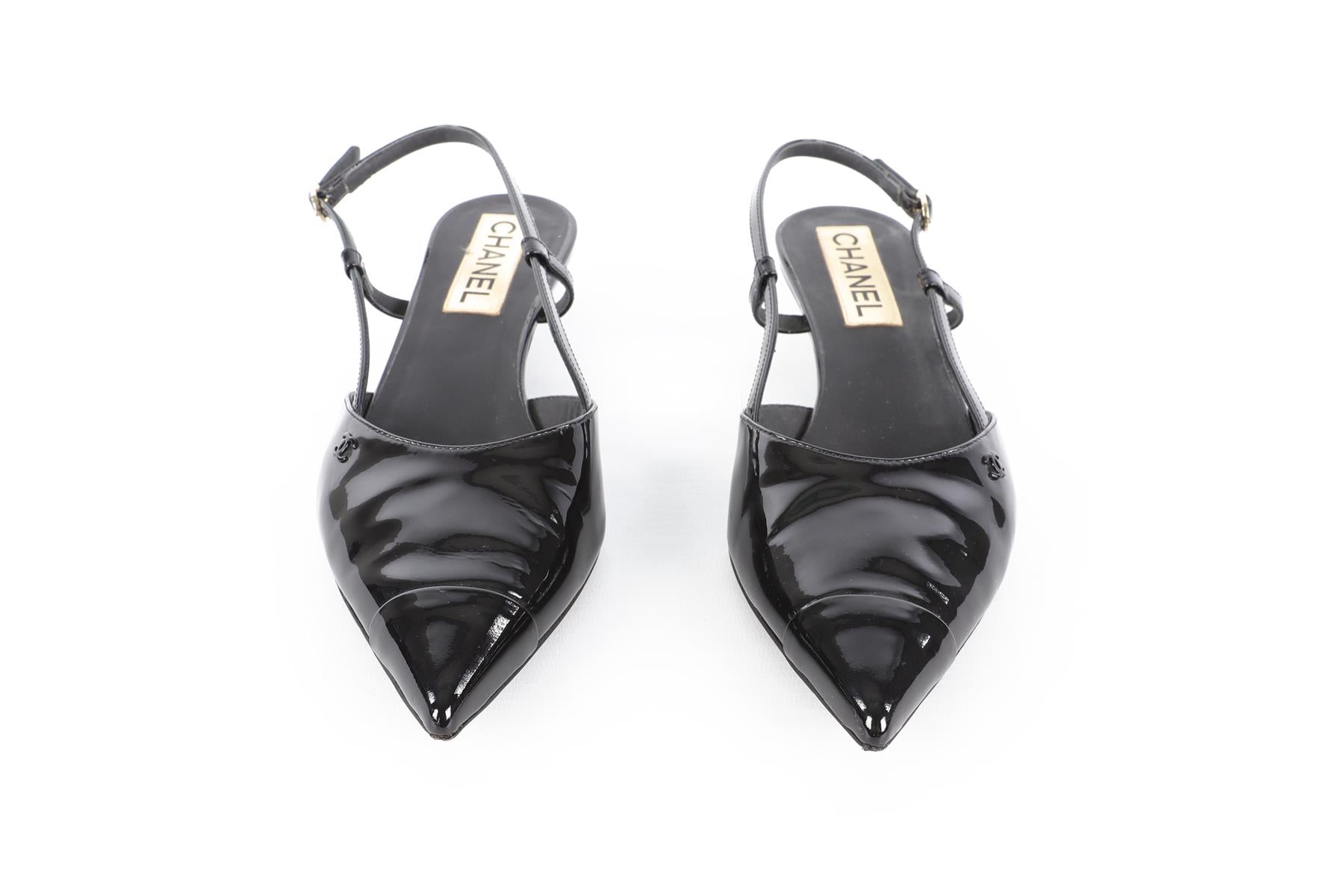 CHANEL BLACK 2022 PATENT LEATHER SLINGBACK PUMPS EU 38.5 UK 5.5 US 8.5
