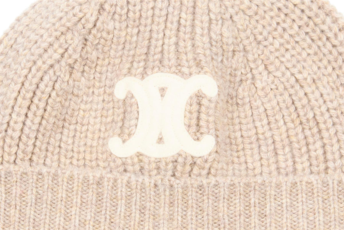 CELINE BEIGE TRIOMPHE CASHMERE BEANIE ONE SIZE