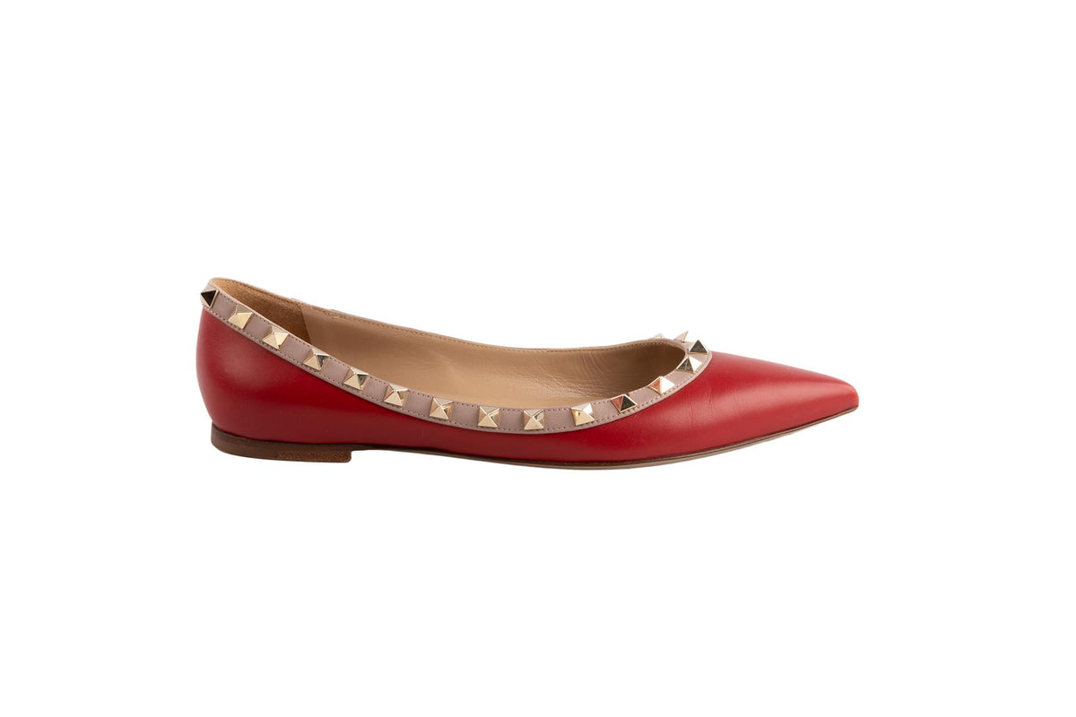 VALENTINO RED ROCKSTUD LEATHER BALLET FLATS EU 37