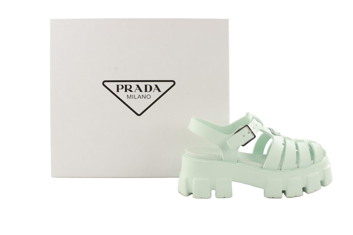 PRADA GREEN MONOLITH LEATHER PLATFORM SANDALS EU 38 UK 5 US 8