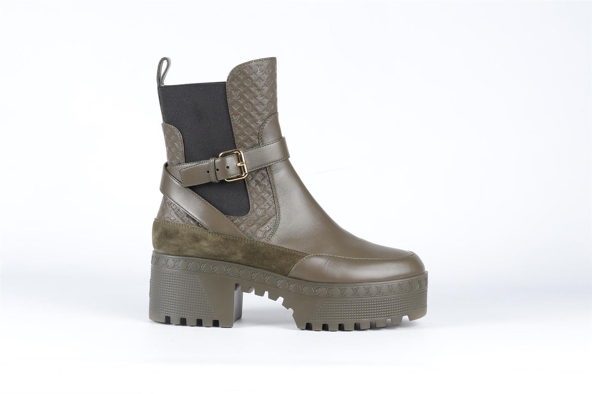 LOUIS VUITTON GREEN LAUREATE MONOGRAM LEATHER BOOTS EU 39 UK 6 US 9