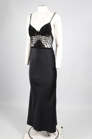 SILVIA ASTORE BLACK CROCHET AND SATIN MAXI DRESS SMALL