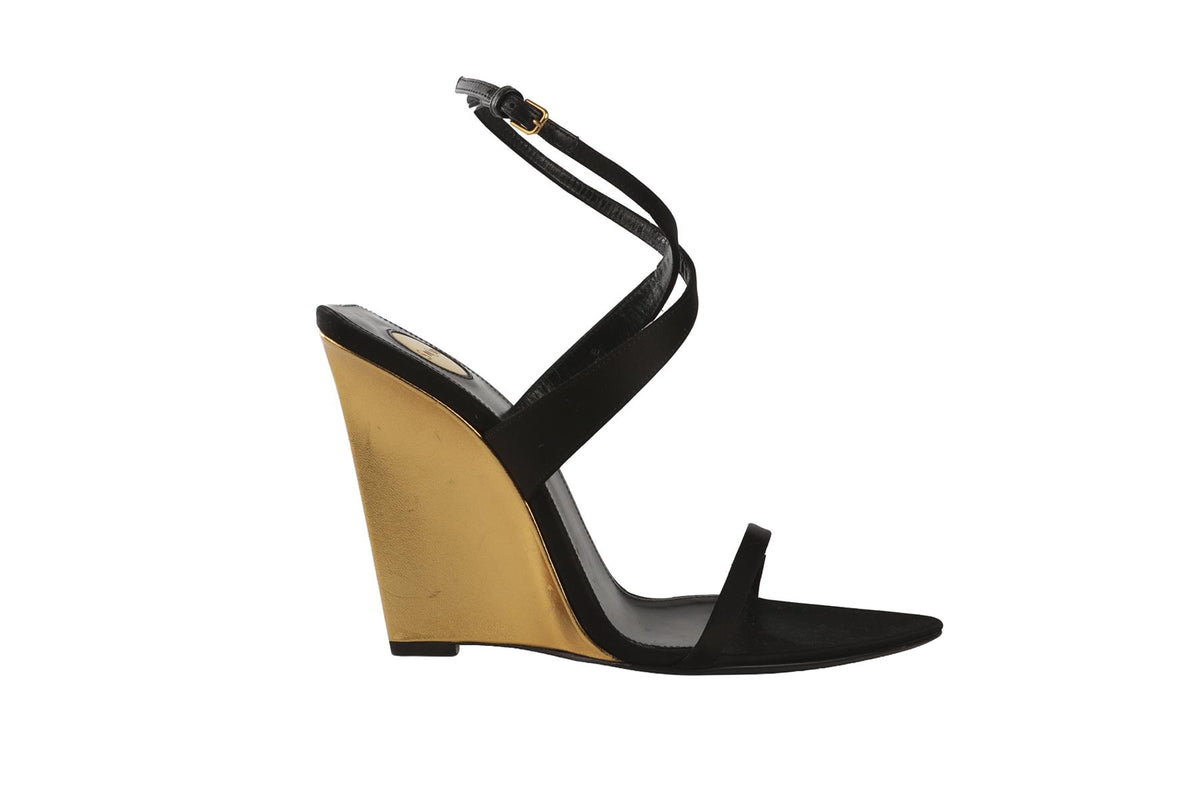 SAINT LAURENT BLACK SATIN SALOME WEDGE SANDALS EU 38.5 UK 5.5 US 8.5