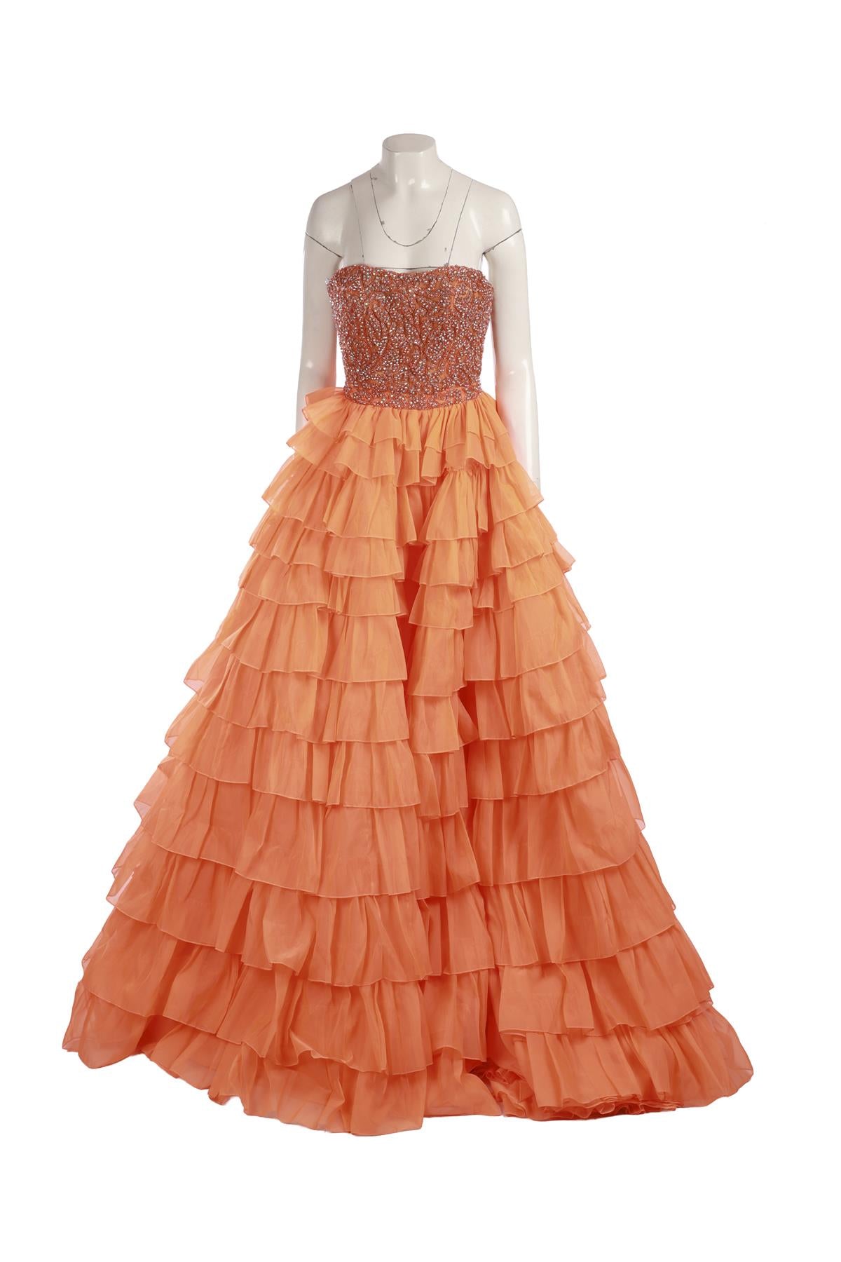 SHERRI HILL ORANGE CRYSTAL GOWN US 0 UK 4