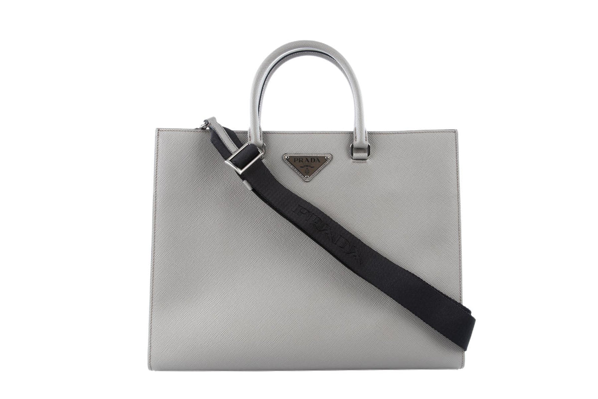 PRADA GREY SAFFIANO LEATHER TOTE BAG