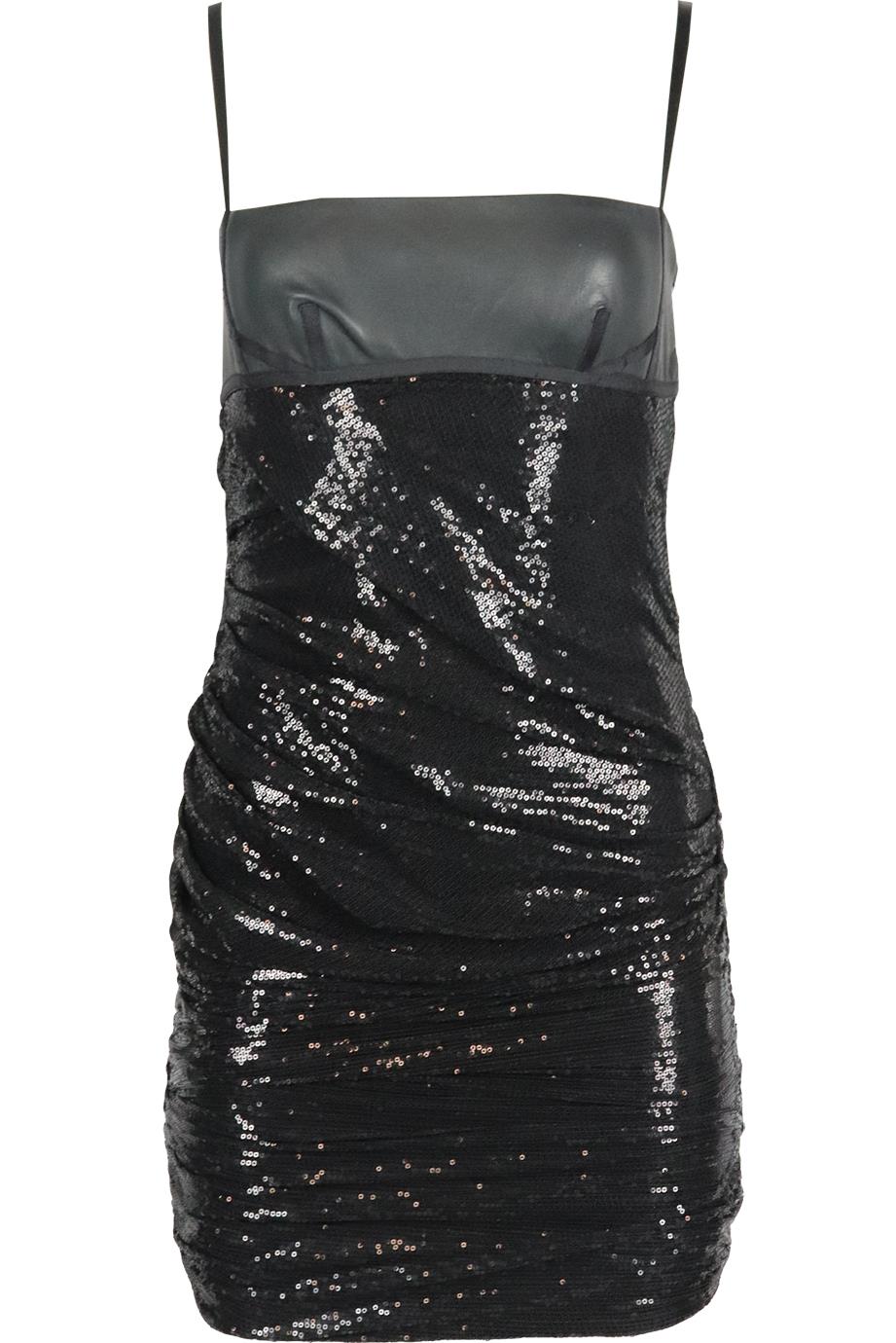 ALEXANDER WANG LEATHER PANELED RUCHED SEQUINED MINI DRESS US 6 UK 10