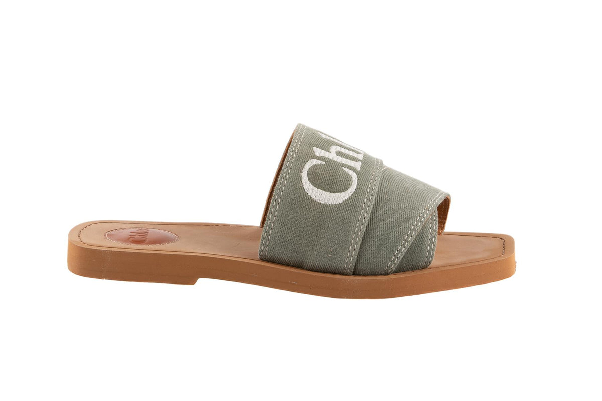 CHLOÉ GREEN WOODY CANVAS SANDALS EU 37