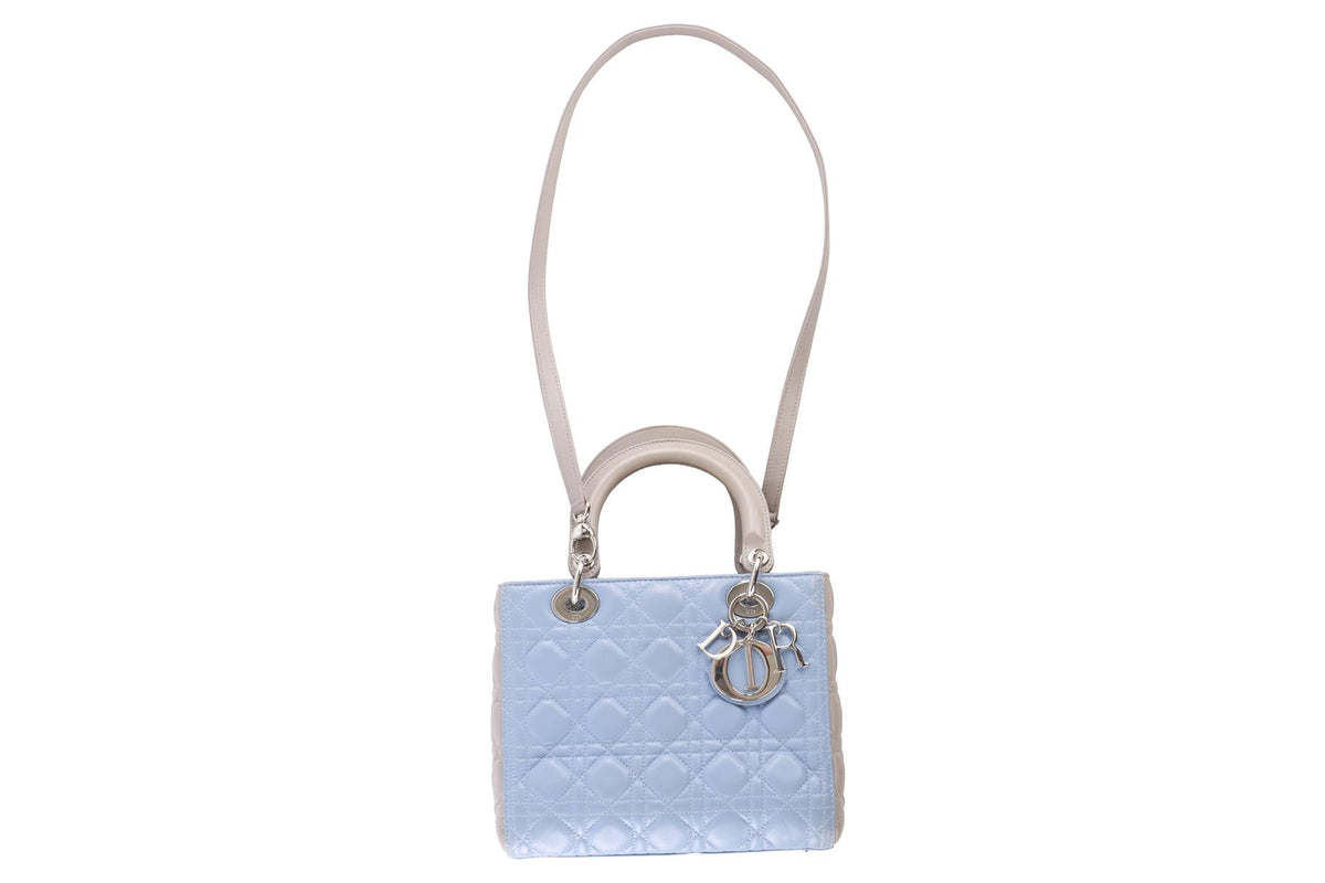 CHRISTIAN DIOR BLUE LADY DIOR MEDIUM BI-COLOUR CANNAGE LEATHER TOTE BAG