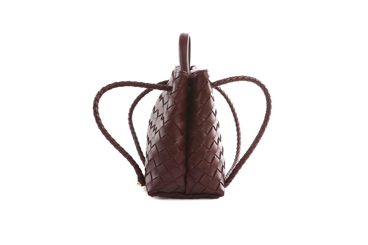 BOTTEGA VENETA BURGUNDY ANDIAMO SMALL INTRECCIATO LEATHER TOTE BAG