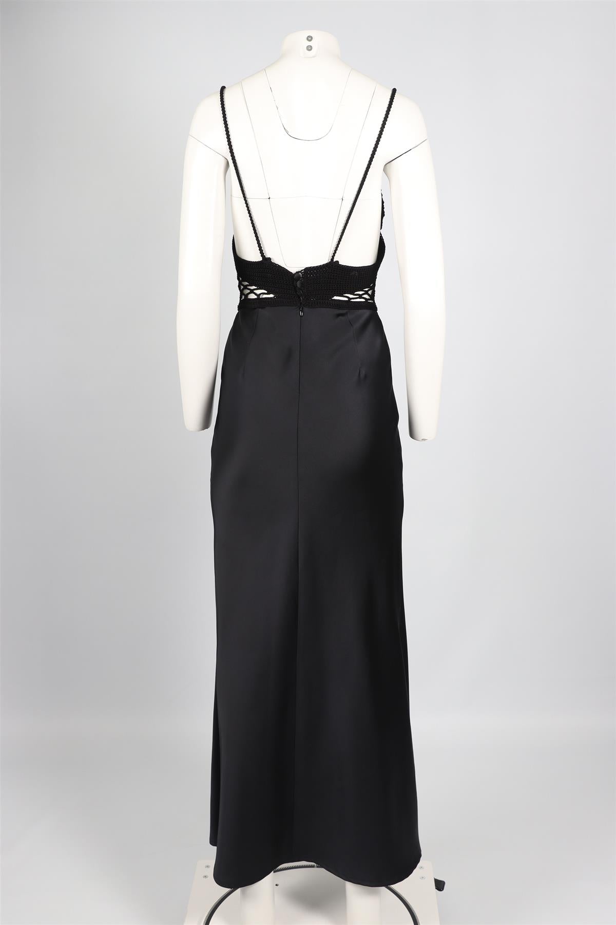 SILVIA ASTORE BLACK CROCHET AND SATIN MAXI DRESS SMALL