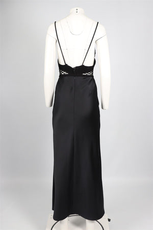 SILVIA ASTORE BLACK CROCHET AND SATIN MAXI DRESS SMALL