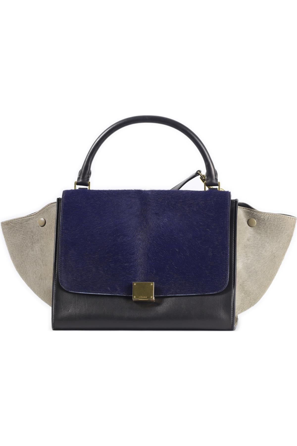 CELINE NAVY TRAPEZE MEDIUM CALF HAIR AND LEATHER TOTE BAG