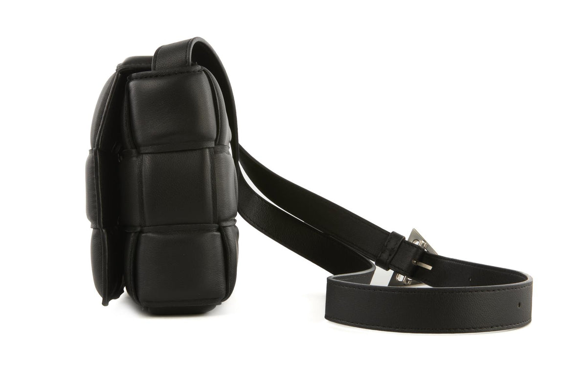 BOTTEGA VENETA BLACK CASSETTE MEDIUM PADDED INTRECCIATO LEATHER SHOULDER BAG