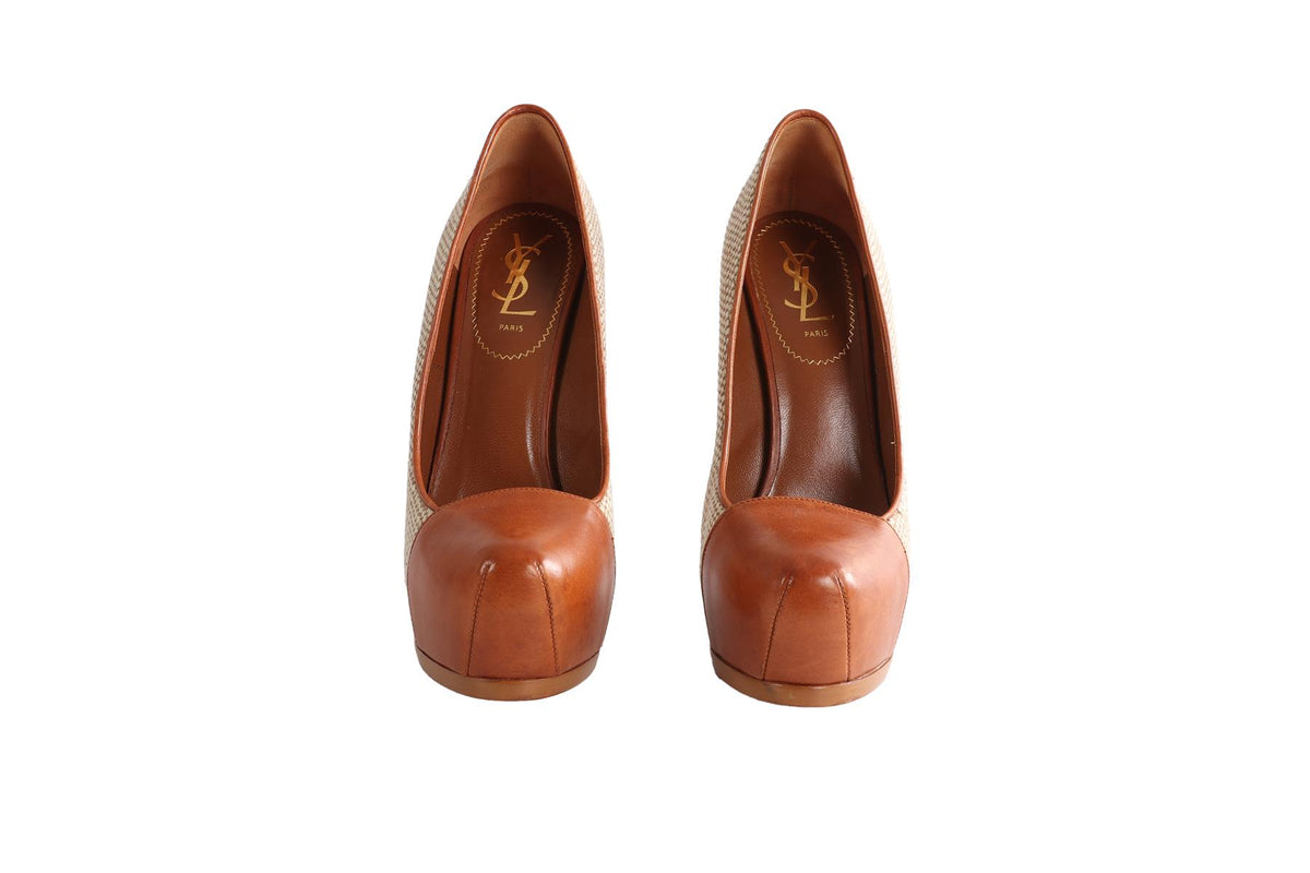 YVES SAINT LAURENT TAN CANVAS PLATFORM PUMPS EU 38.5 UK 5.5 US 8.5