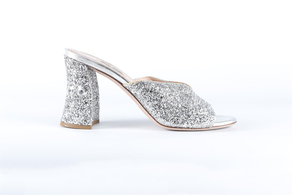 MIU MIU SILVER GLITTER MULES